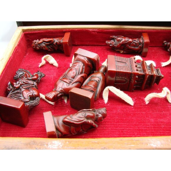 Asian Chess Set Hand Carved Soapstone Resin Wood Fold Storage Case 8 Fairies Vtg - Picture 8 of 13